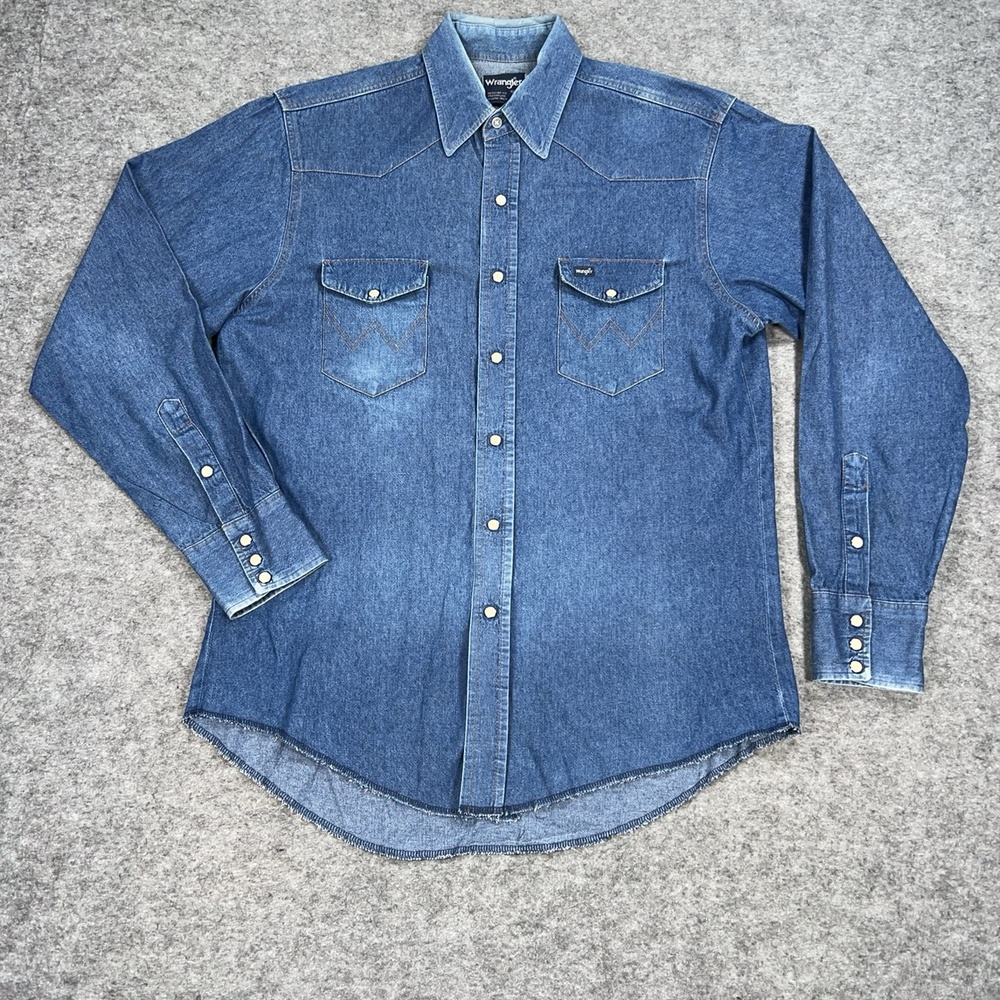 Wrangler Shirt Mens L Blue Denim Western Snap Button X Long Tails 16.5 35 Cowboy